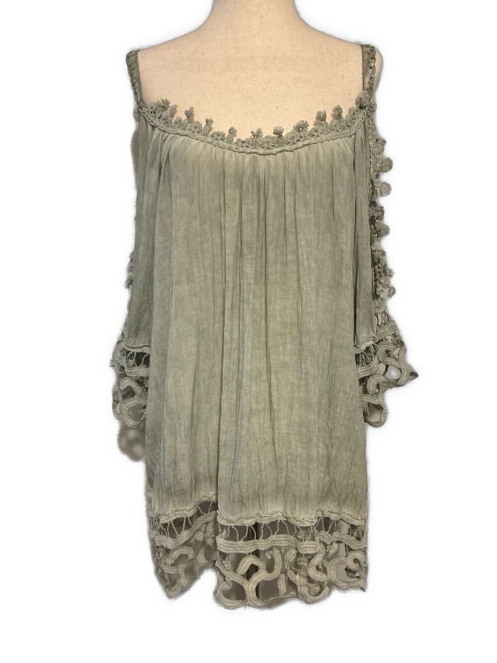 CARMA Italy Sage Green Cold Shoulder Tunic Top Crochet Lace Boho One Size